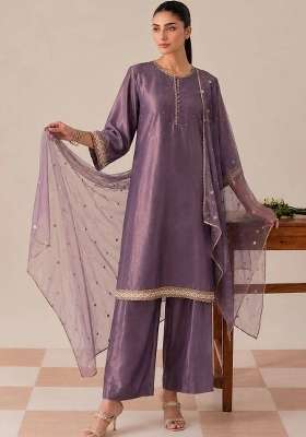 Purple Embroidery Silk Kurta Set