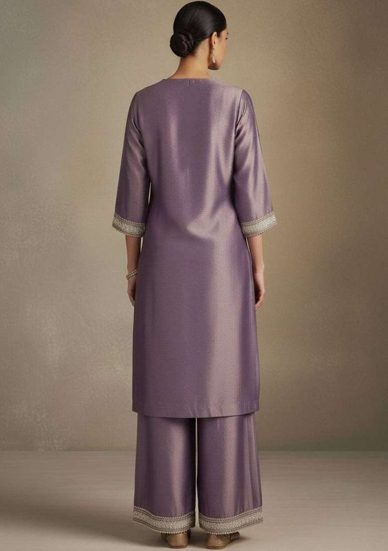 Purple Embroidery Silk Kurta Set - Indya