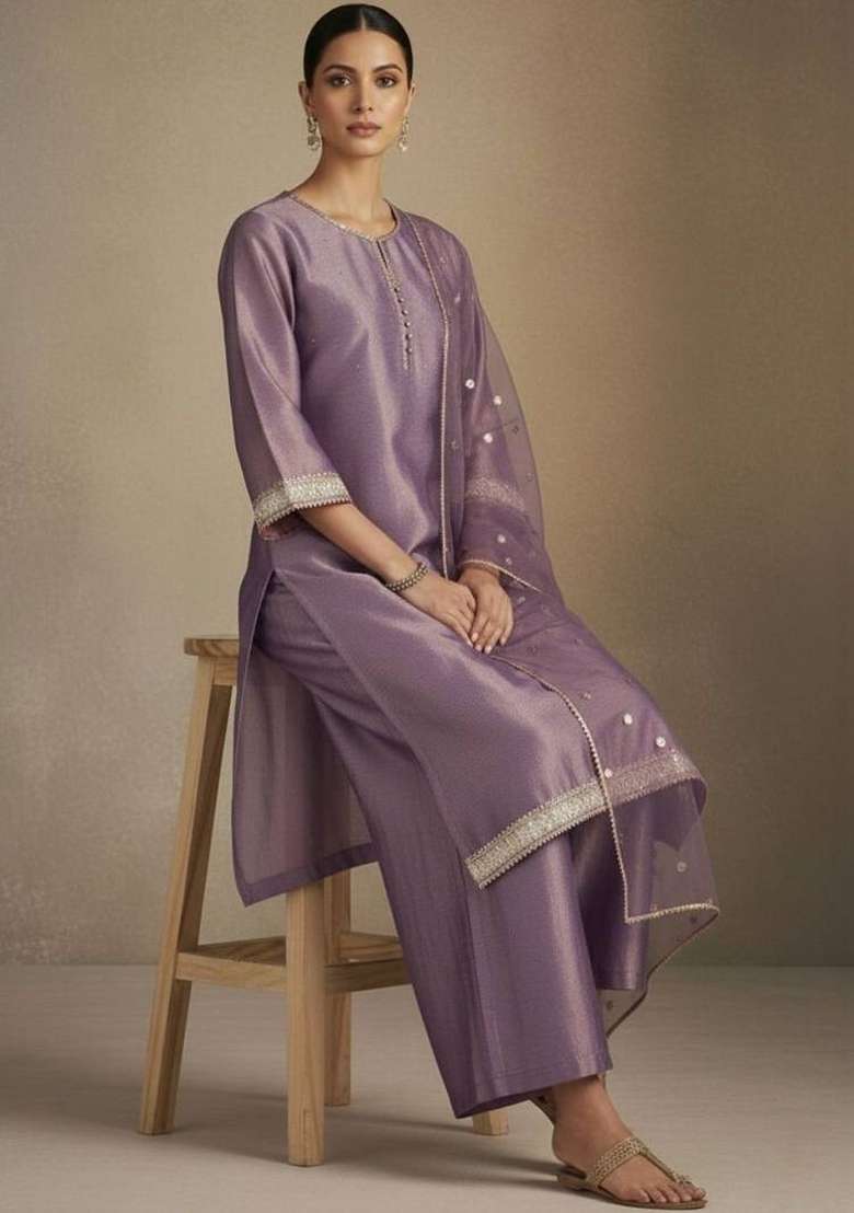 Purple Embroidery Silk Kurta Set - Indya