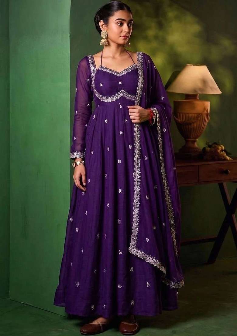 Purple Embroidery Silk Kurta Set - Indya