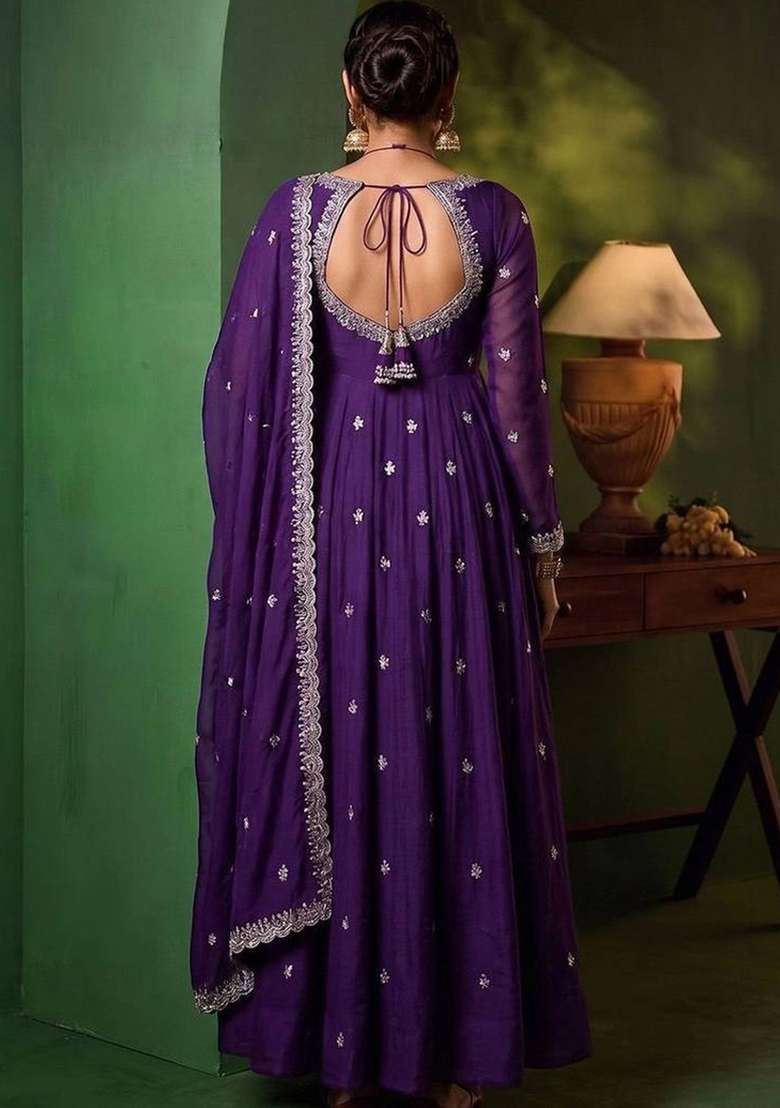 Purple Embroidery Silk Kurta Set - Indya
