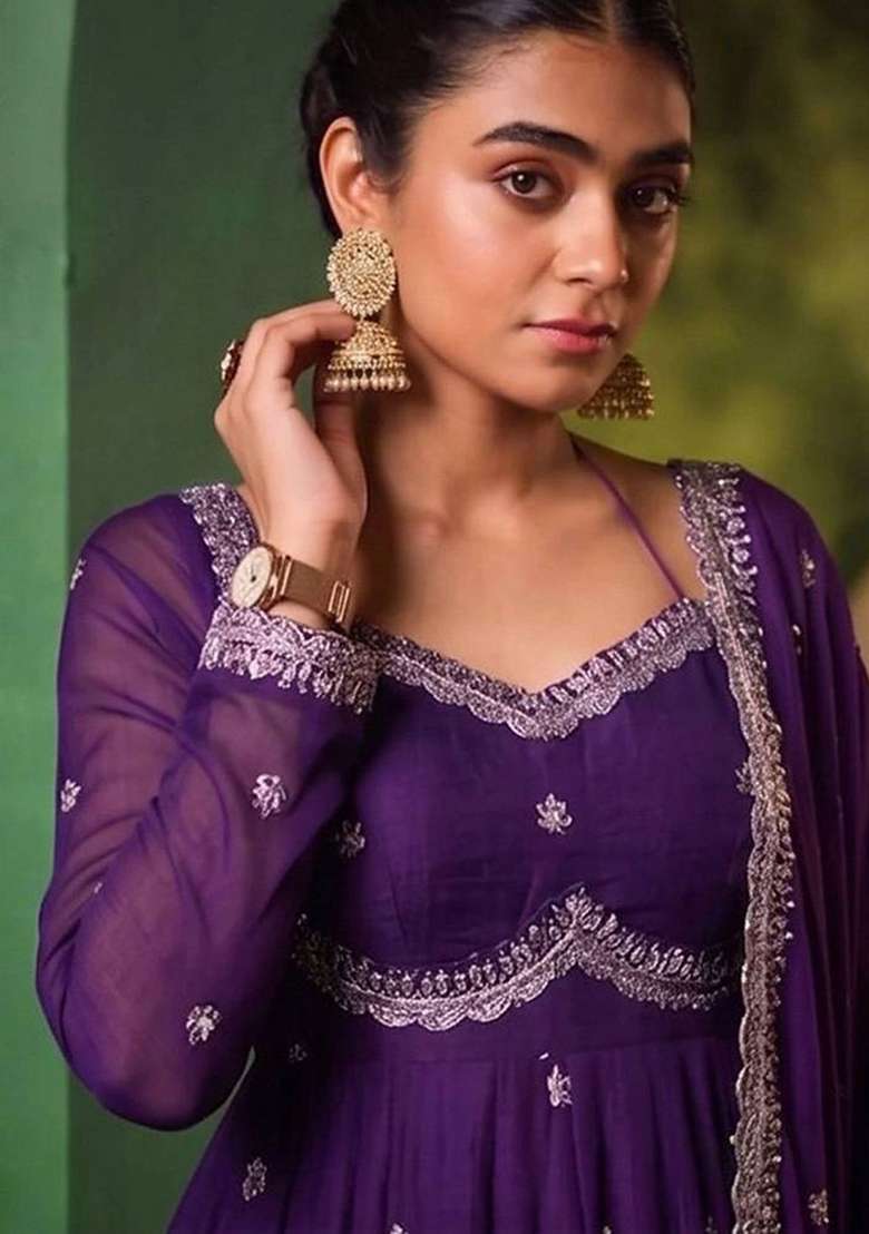 Purple Embroidery Silk Kurta Set - Indya