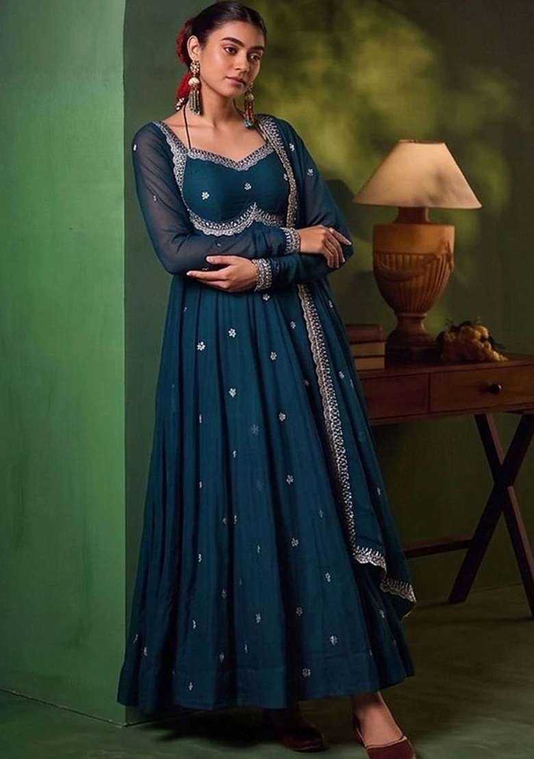 Teal Embroidery Silk Kurta Set - Indya