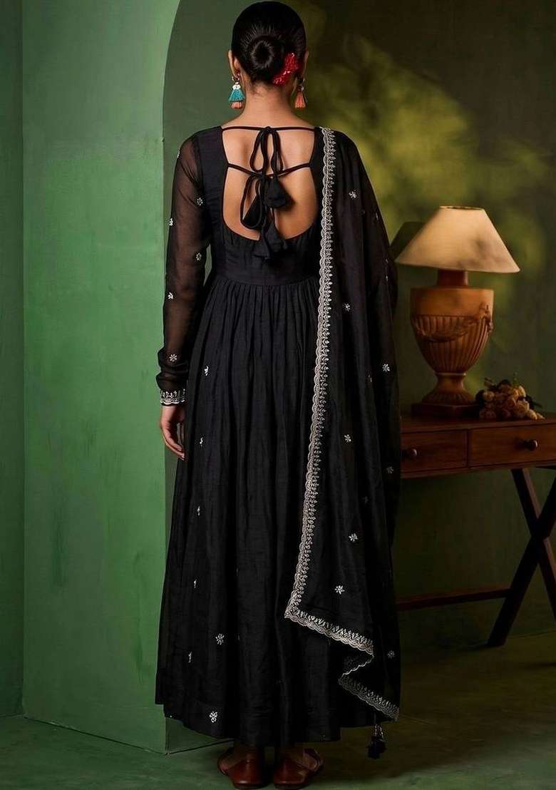 Black Embroidery Silk Kurta Set - Indya