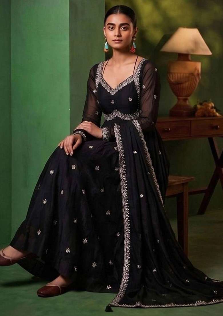 Black Embroidery Silk Kurta Set - Indya