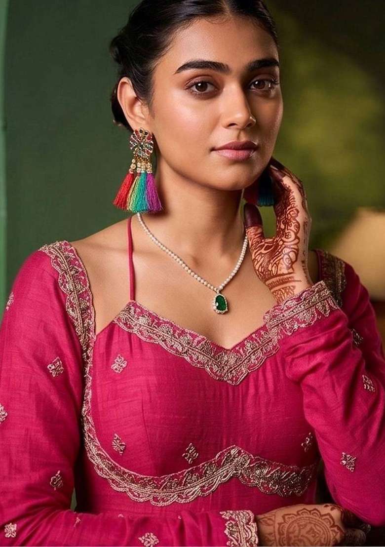 Pink Embroidery Silk Kurta Set - Indya
