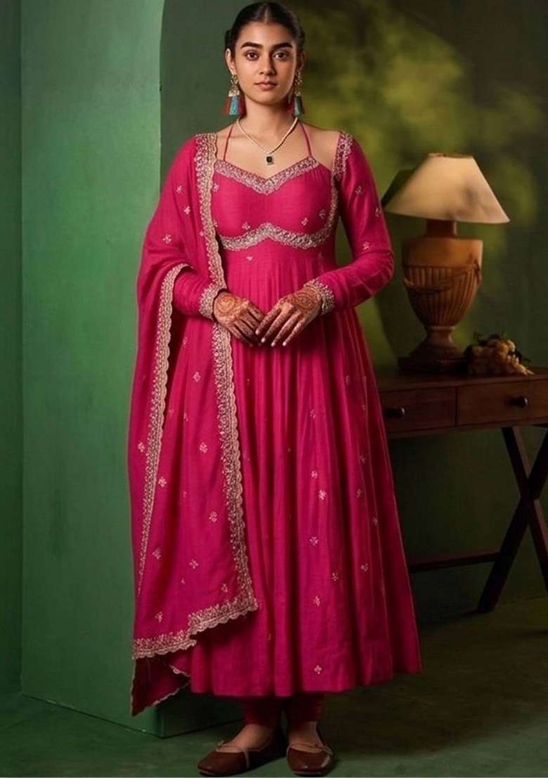 Pink Embroidery Silk Kurta Set - Indya
