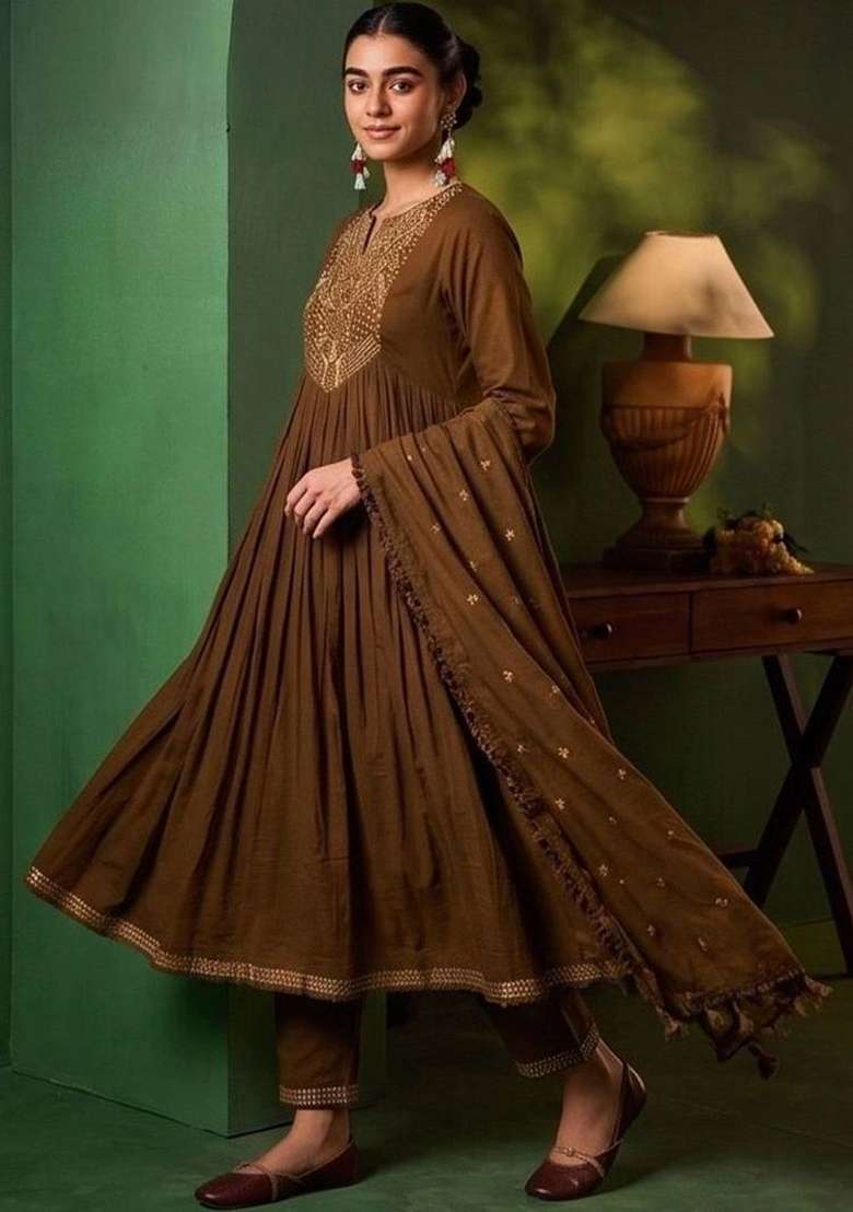 Coffee Brown Embroidery Silk Kurta Set - Indya