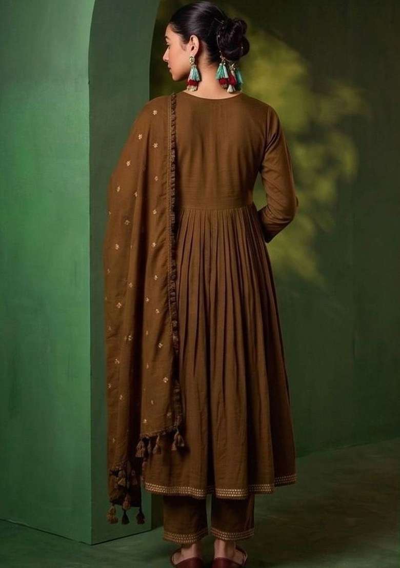 Coffee Brown Embroidery Silk Kurta Set - Indya