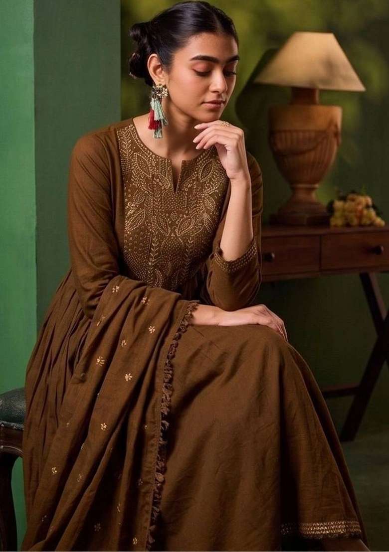 Coffee Brown Embroidery Silk Kurta Set - Indya