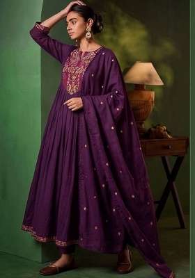 Purple Embroidery Silk Kurta Set