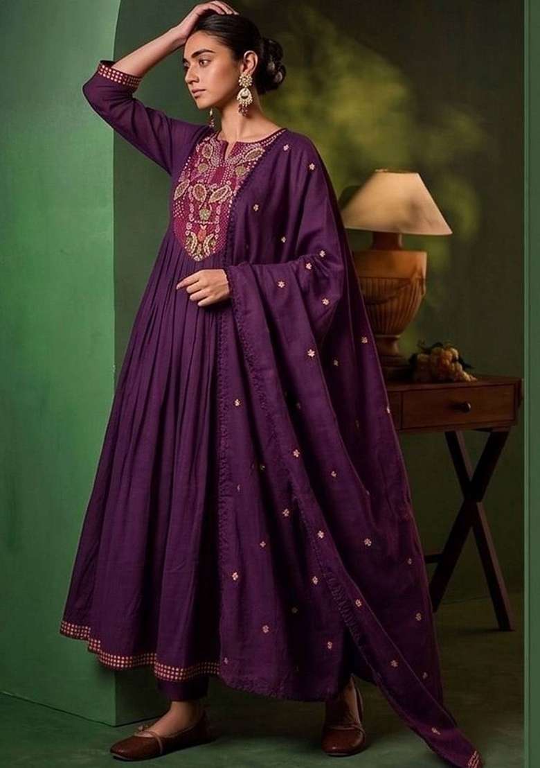 Purple Embroidery Silk Kurta Set - Indya