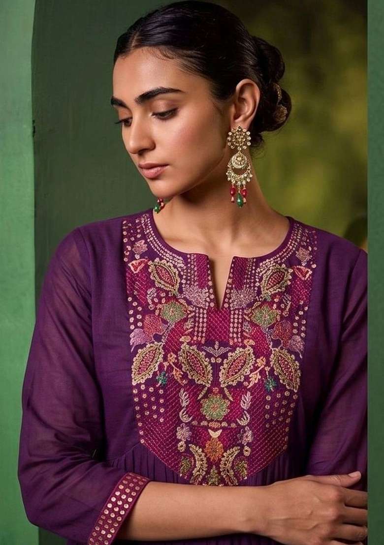 Purple Embroidery Silk Kurta Set - Indya