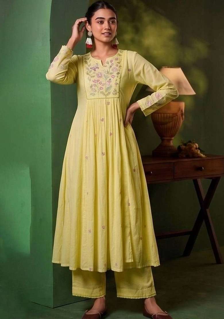 Yellow Embroidery Silk Kurta Set - Indya