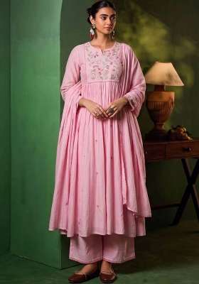 Pink Embroidery Silk Kurta Set