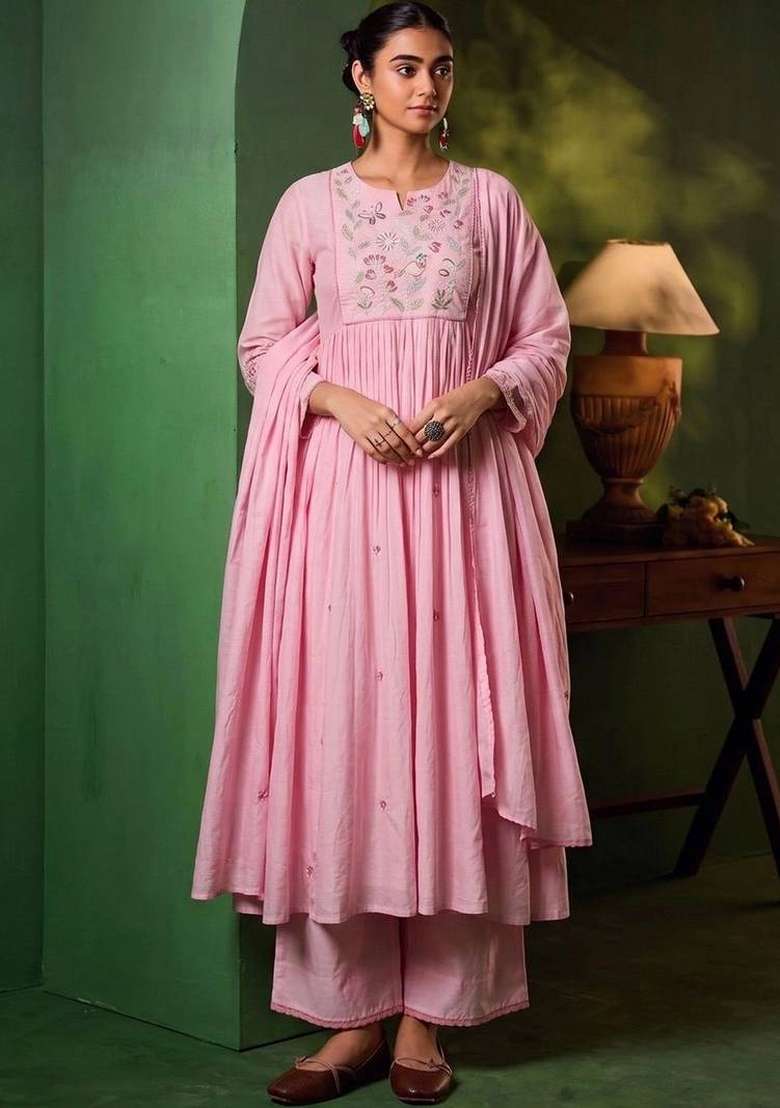 Pink Embroidery Silk Kurta Set - Indya