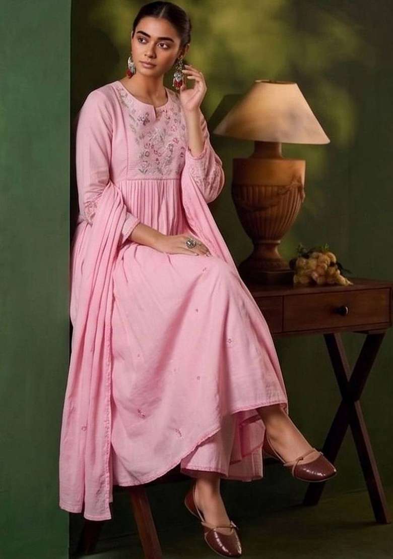 Pink Embroidery Silk Kurta Set - Indya