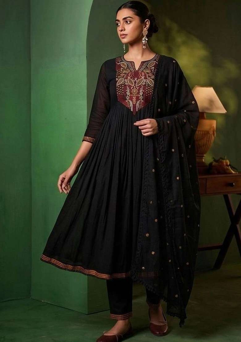 Black Embroidery Silk Kurta Set - Indya