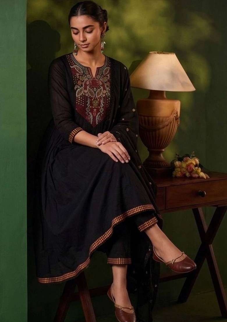 Black Embroidery Silk Kurta Set - Indya