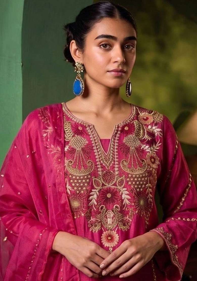 Pink Embroidery Chanderi Kurta Set - Indya