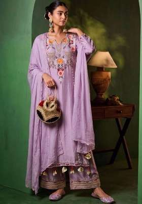 Lavender Embroidery Chanderi Kurta Set