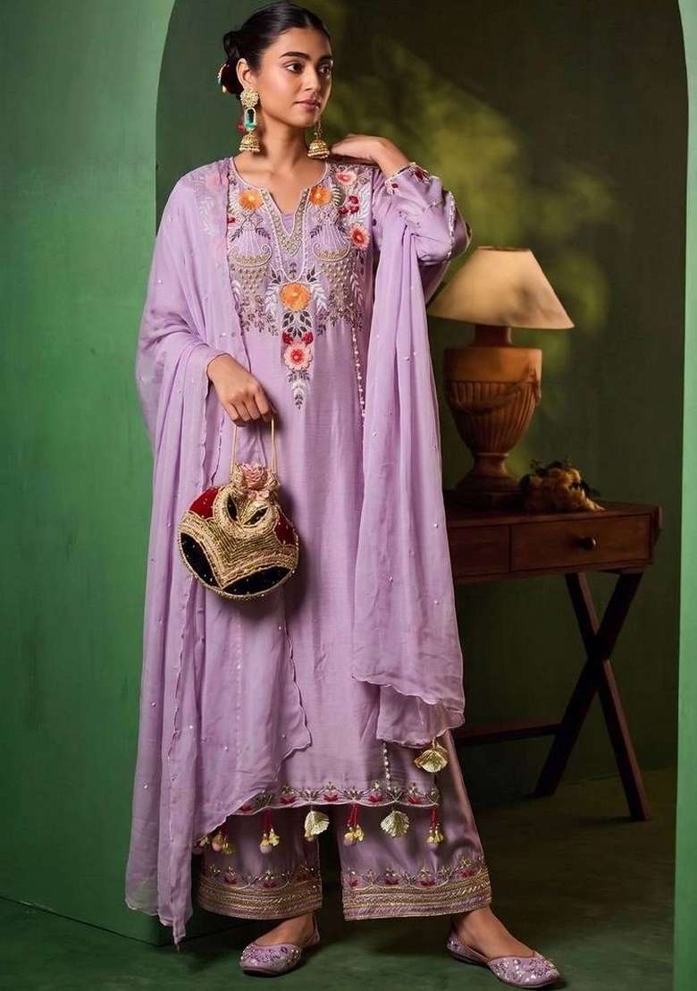 Lavender Embroidery Chanderi Kurta Set - Indya