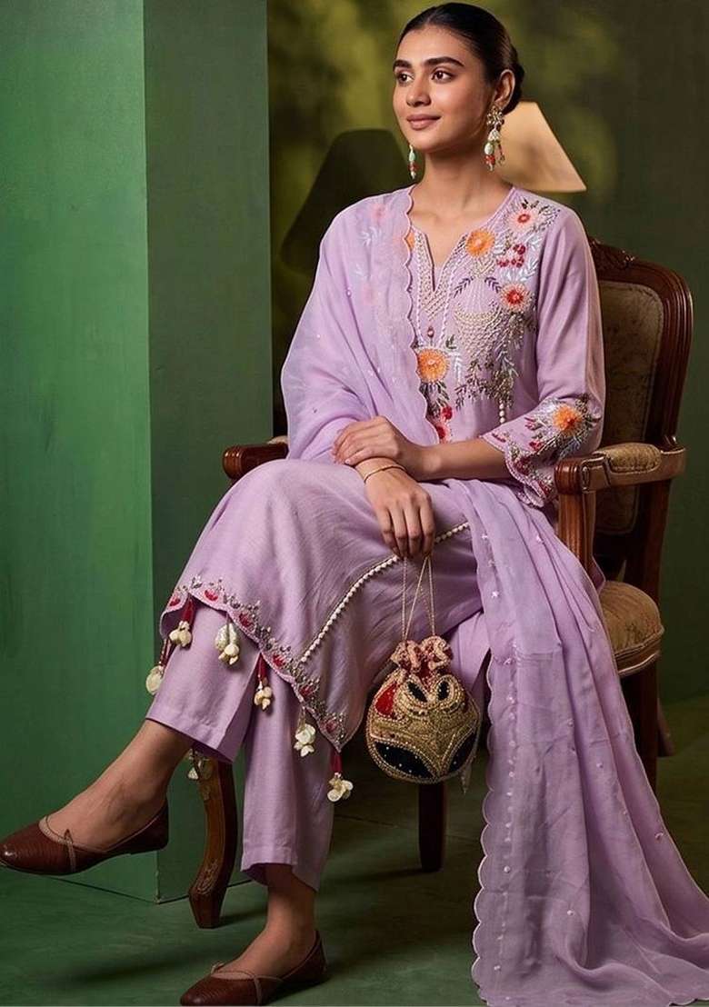 Lavender Embroidery Chanderi Kurta Set - Indya