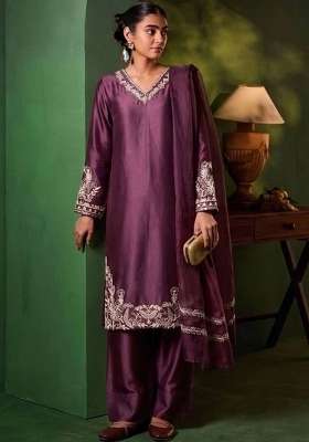 Purple Embroidery Silk Kurta Set