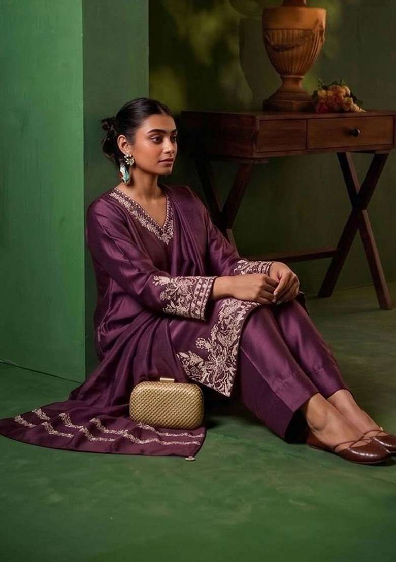 Purple Embroidery Silk Kurta Set - Indya