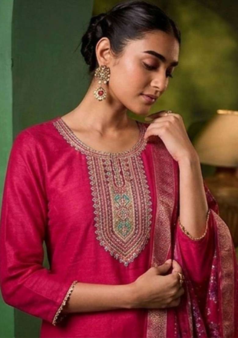 Pink Embroidery Silk Kurta Set - Indya