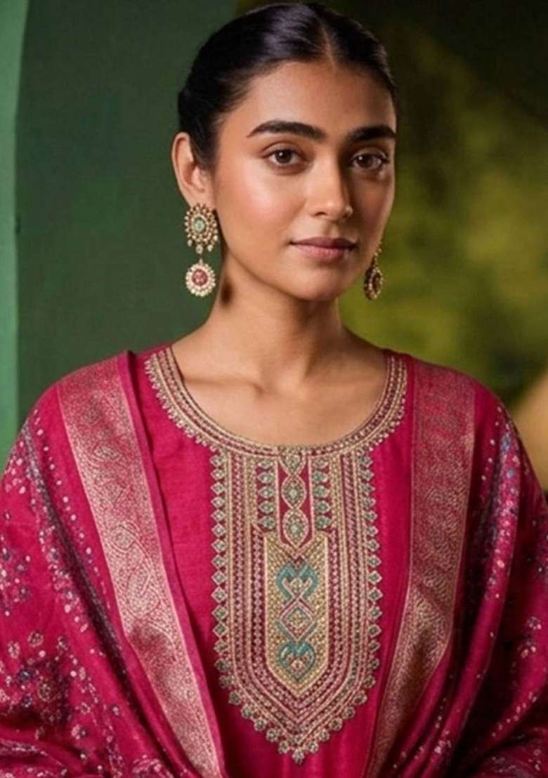 Pink Embroidery Silk Kurta Set - Indya