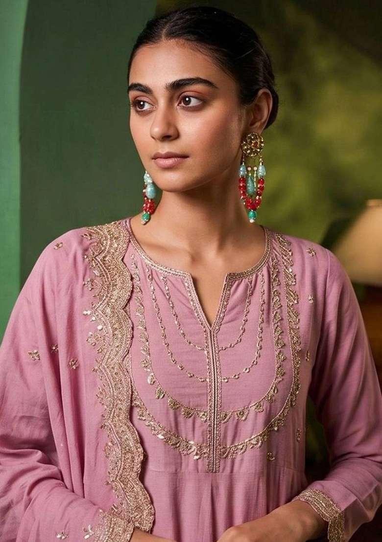 Pink Embroidery Silk Kurta Set - Indya