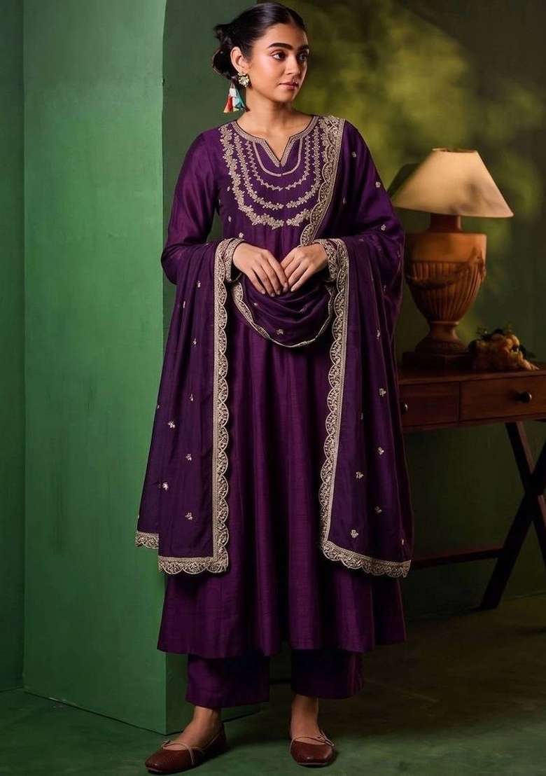 Purple Embroidery Silk Kurta Set - Indya