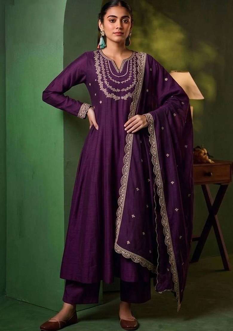 Purple Embroidery Silk Kurta Set - Indya