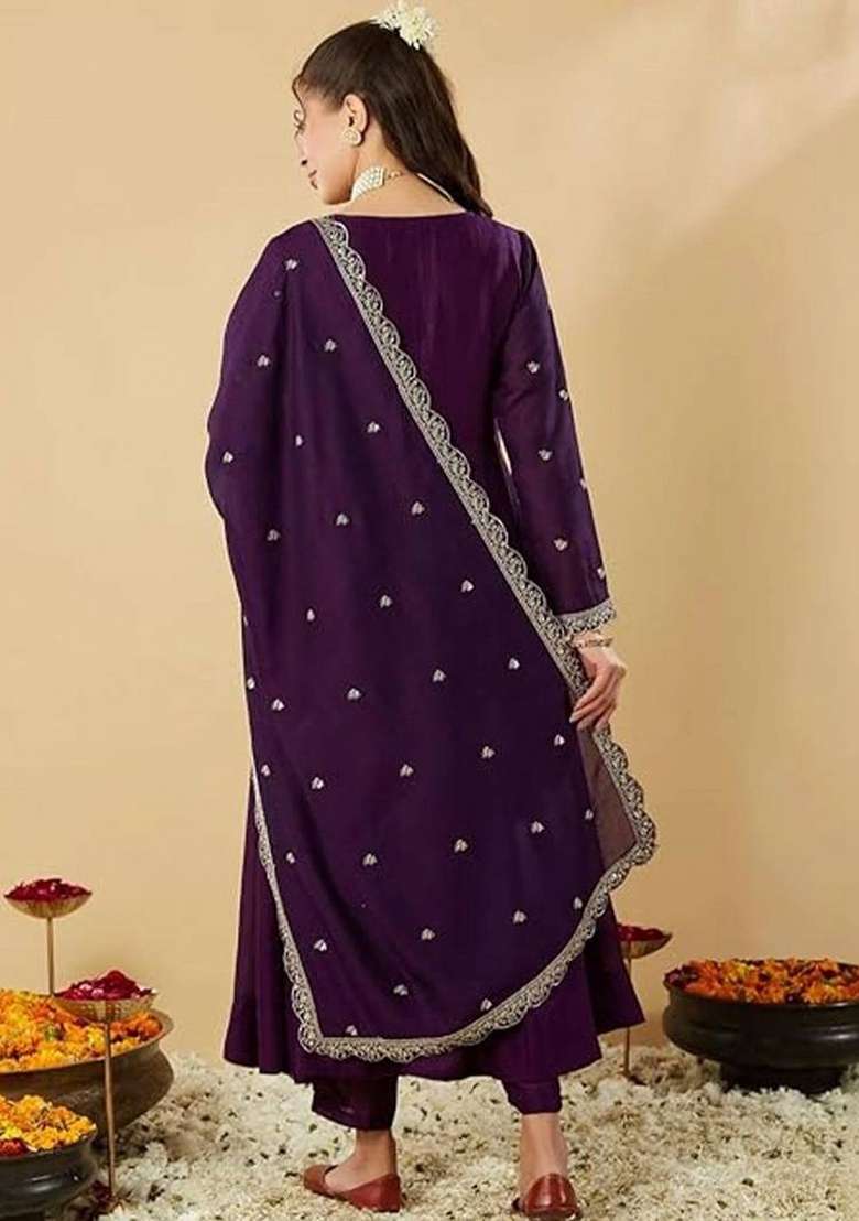 Purple Embroidery Silk Kurta Set - Indya