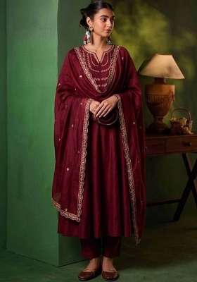 Red Embroidery Silk Kurta Set