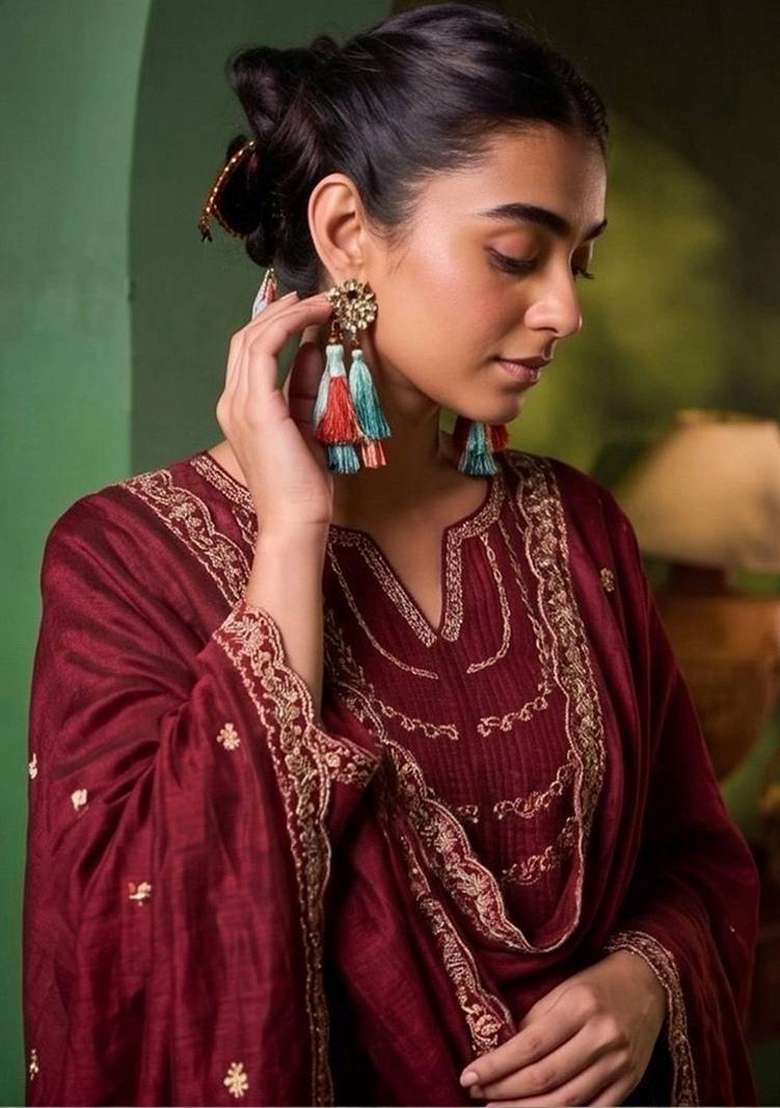 Red Embroidery Silk Kurta Set - Indya