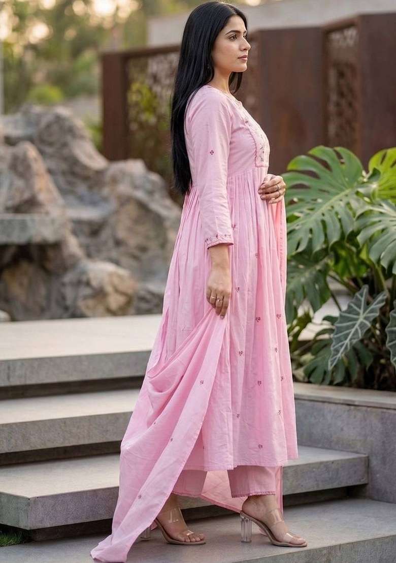Pink Embroidery Silk Kurta Set - Indya