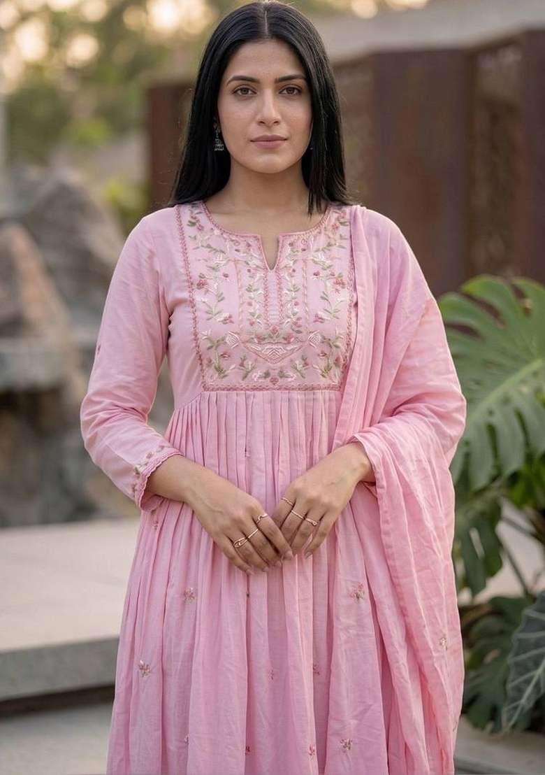 Pink Embroidery Silk Kurta Set - Indya