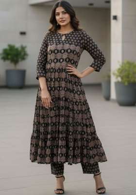 Black Printed Cotton Kurta Set
