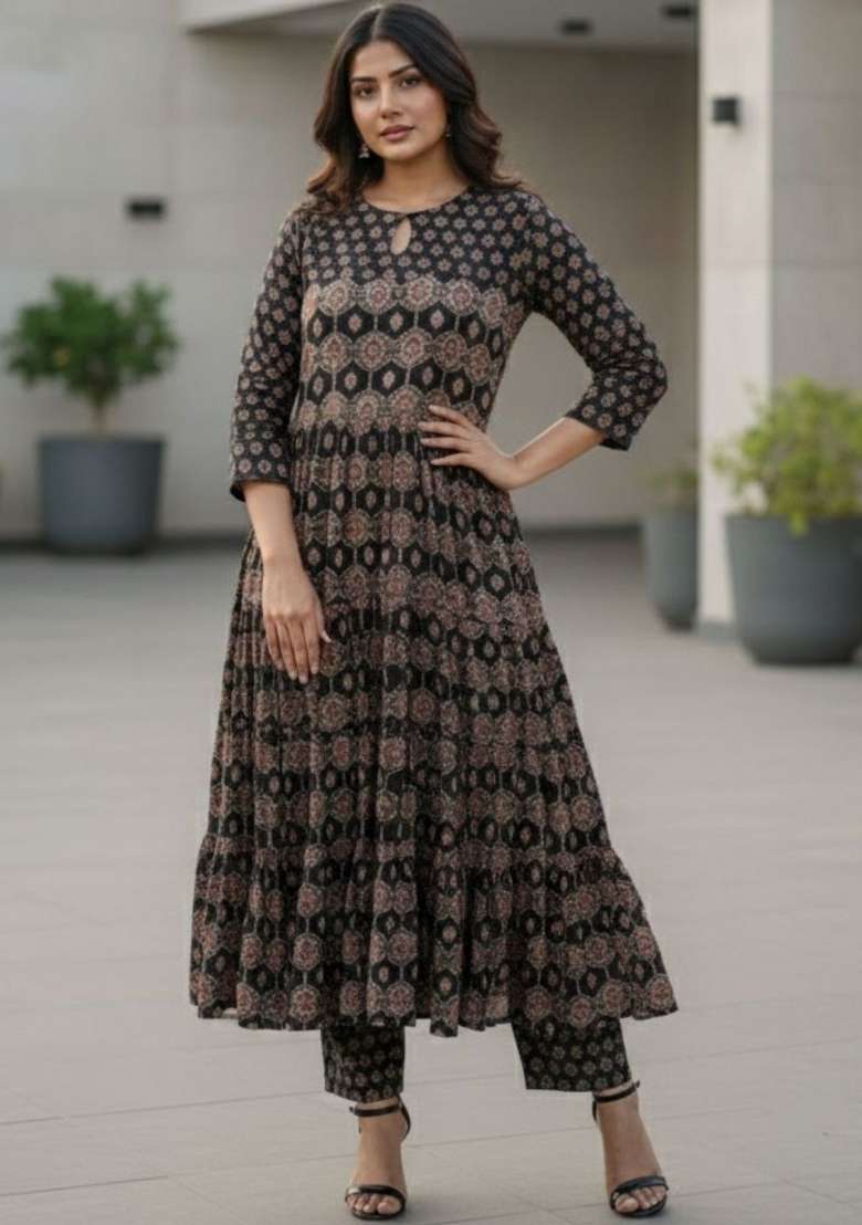 Black Printed Cotton Kurta Set - Indya
