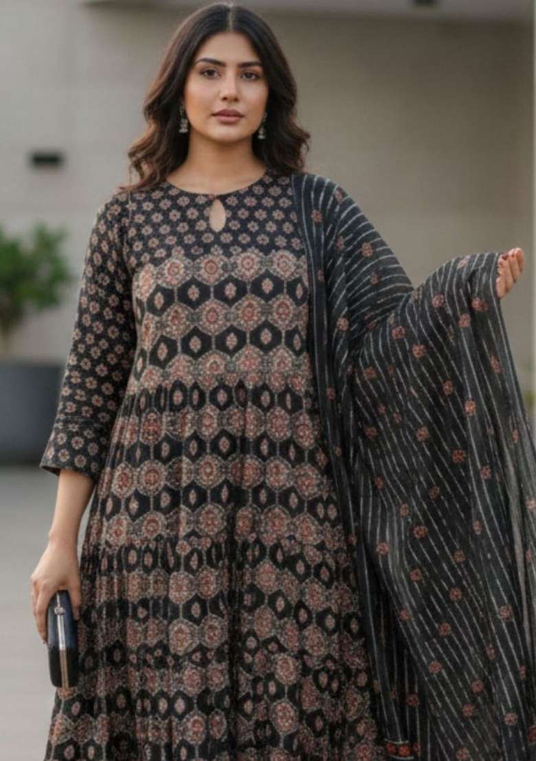 Black Printed Cotton Kurta Set - Indya