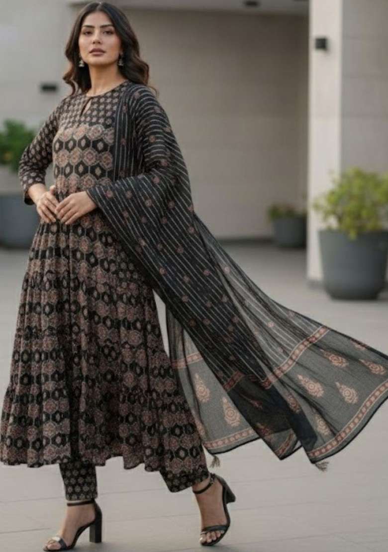 Black Printed Cotton Kurta Set - Indya