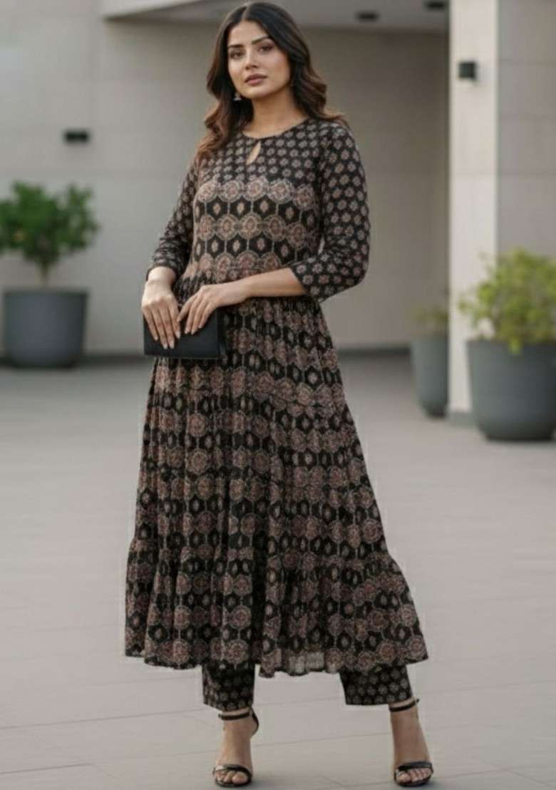 Black Printed Cotton Kurta Set - Indya