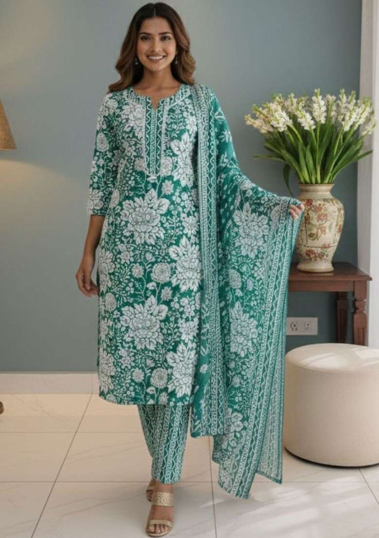 Green Printed Cotton Kurta Set - Indya