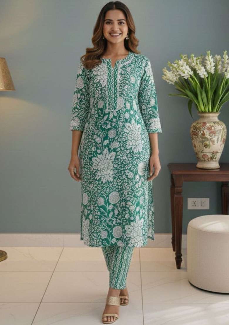 Green Printed Cotton Kurta Set - Indya