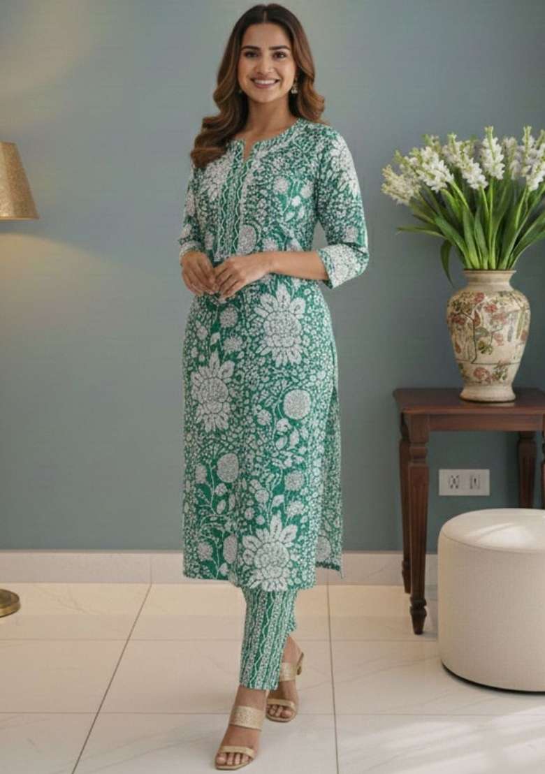Green Printed Cotton Kurta Set - Indya