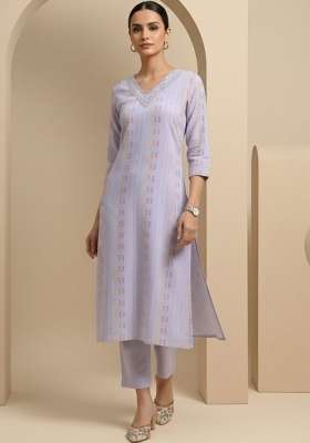 Lavender Solid Cotton Kurta Set