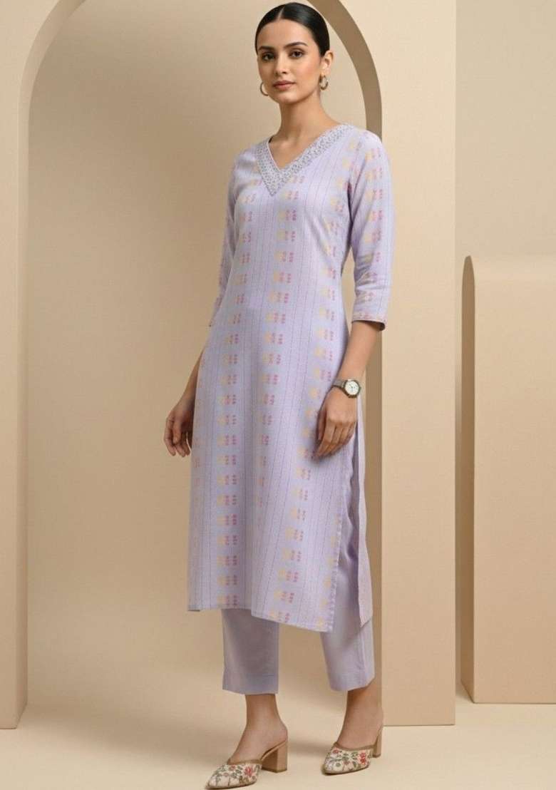 Lavender Solid Cotton Kurta Set - Indya