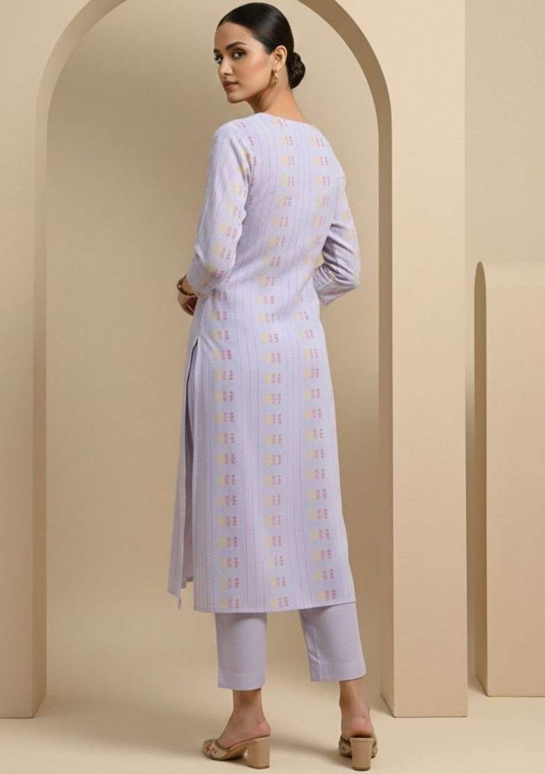 Lavender Solid Cotton Kurta Set - Indya